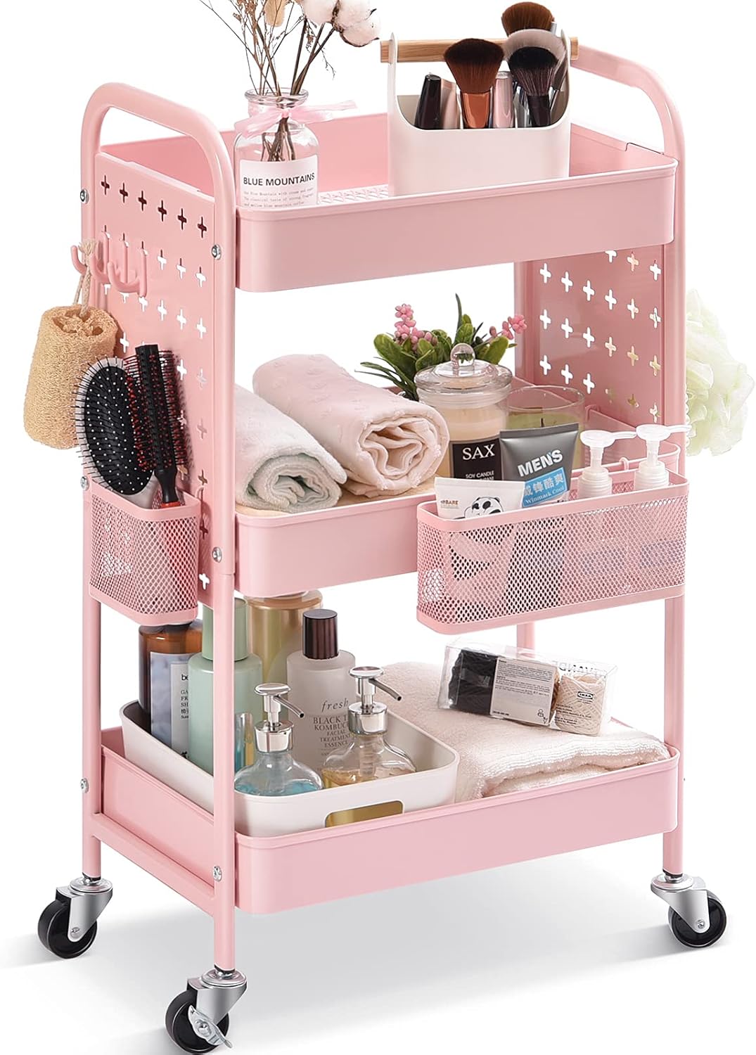 Pink 3-Tier Rolling Utility Storage Cart with Removable Baskets R944287