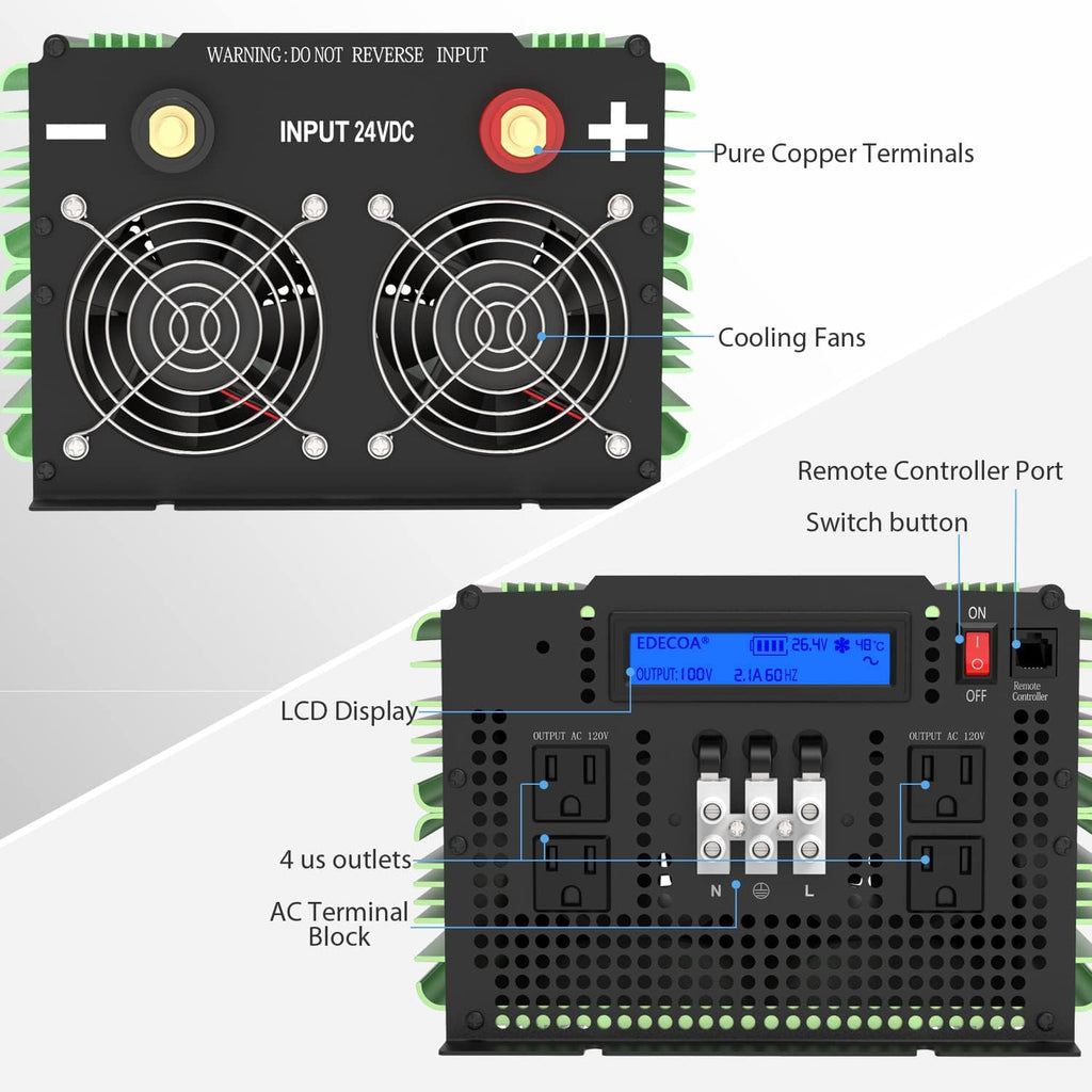 3500 Watt 24V Pure Sine Wave Power Inverter DC 24V to 120V 110V AC with LCD AC Terminal Block B337224