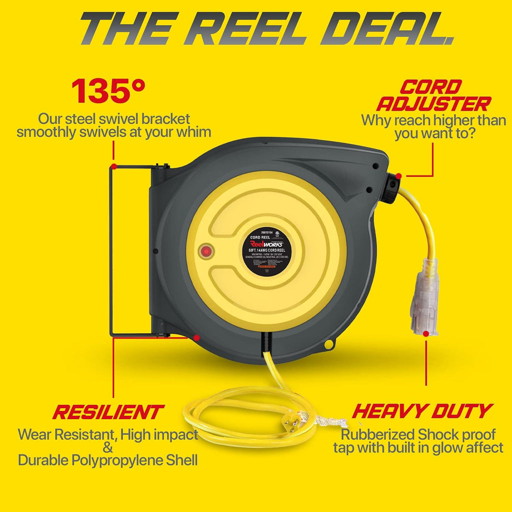 Retractable Extension Cord Reel 14AWG x 50' 3C/SJTOW Triple Tap Connector G4729