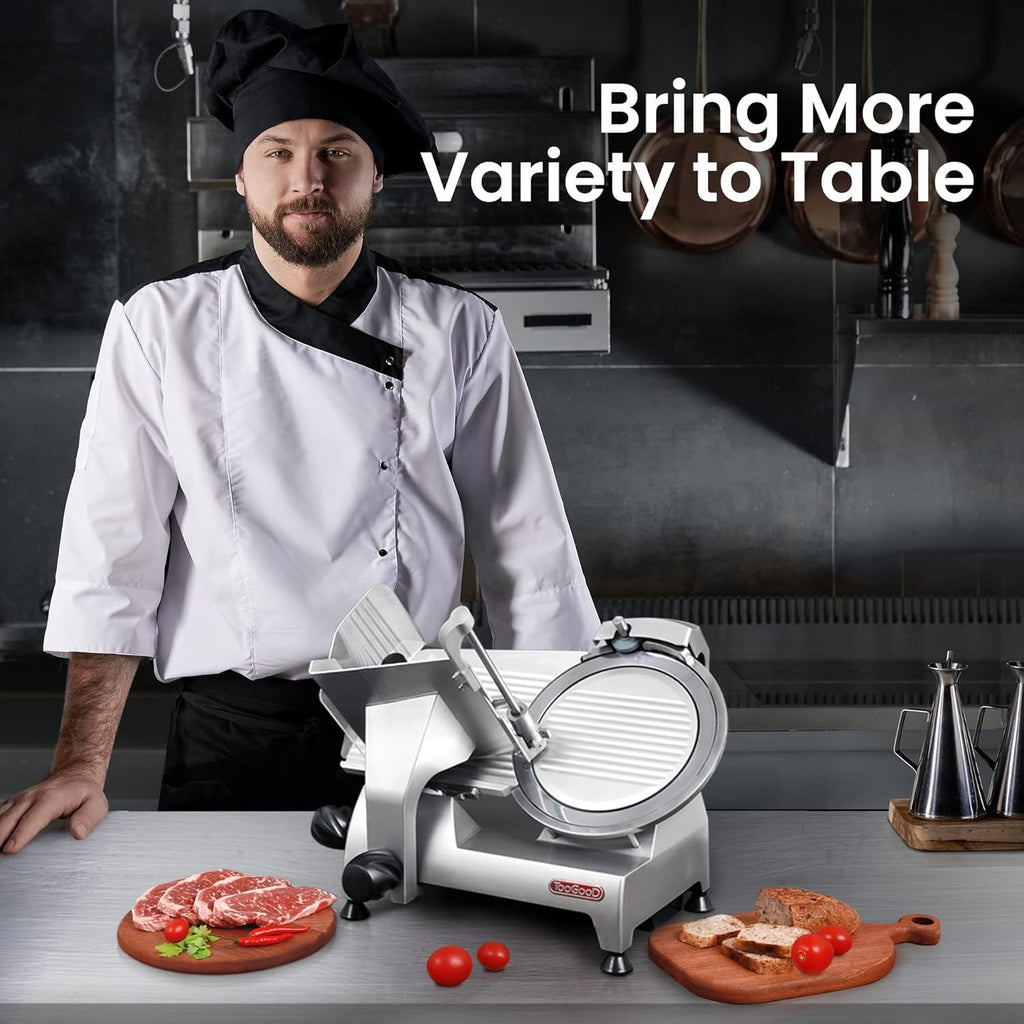 Electric Meat Slicer with 8 Carbon Steel Blade, 0.5mm to 15mm Adjustable Slicing Thickness E378
