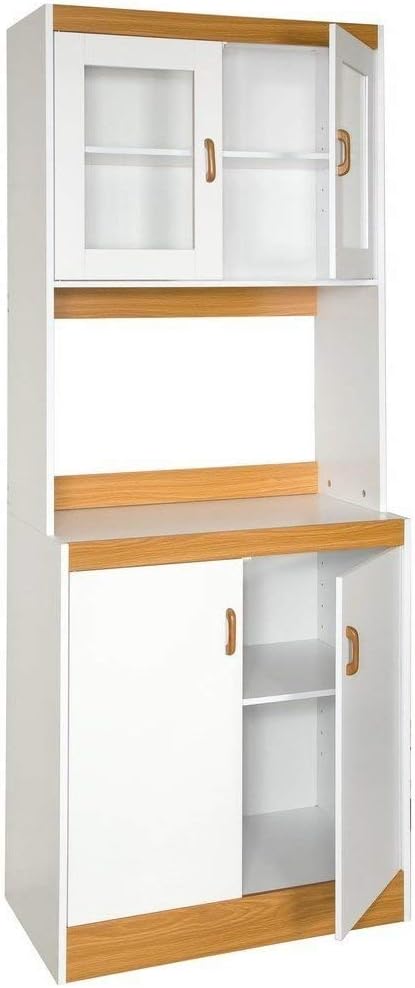 White Tall Kitchen Microwave Cart with Cabinets and Glass Doors J893979