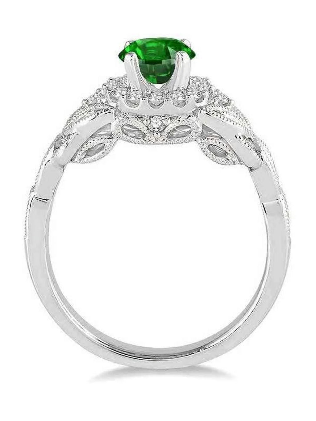 1.25 Carat Antique Round Cut Emerald and Diamond Engagement Ring in 14k White Gold B348