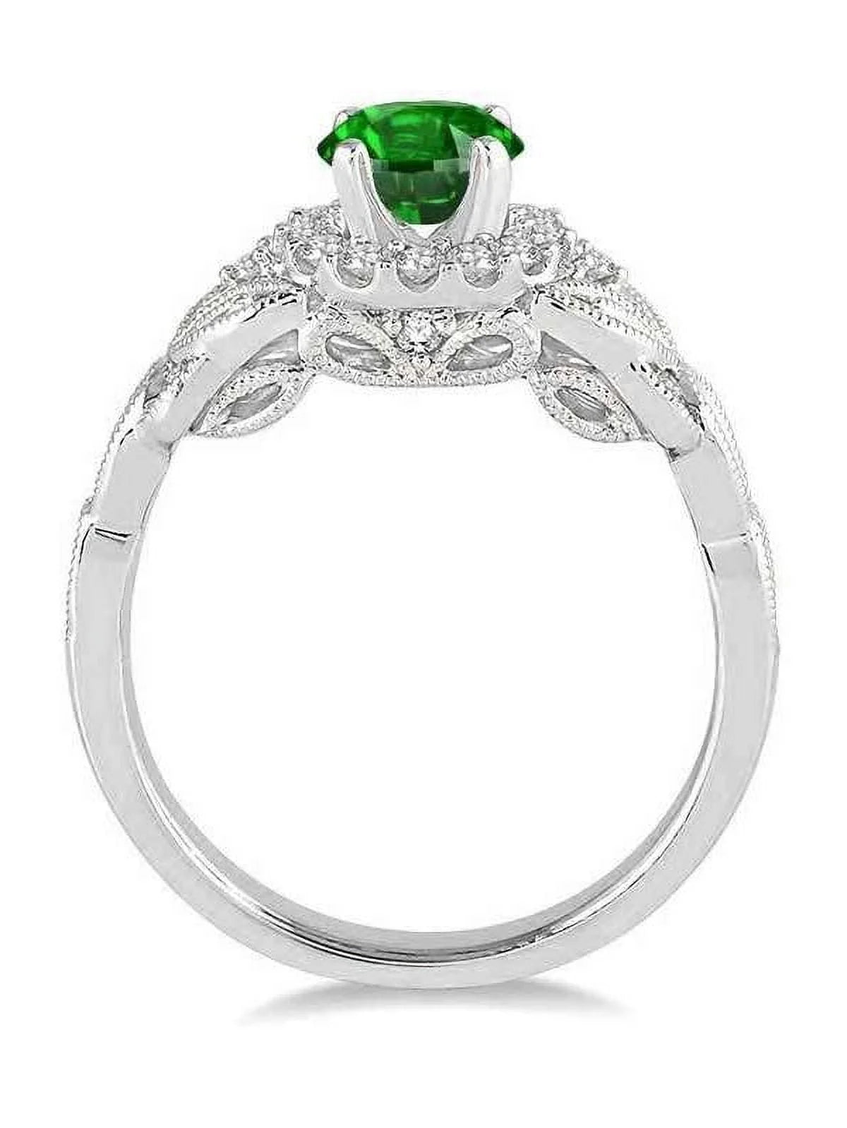 1.25 Carat Antique Round Cut Emerald and Diamond Engagement Ring in 14k White Gold B348