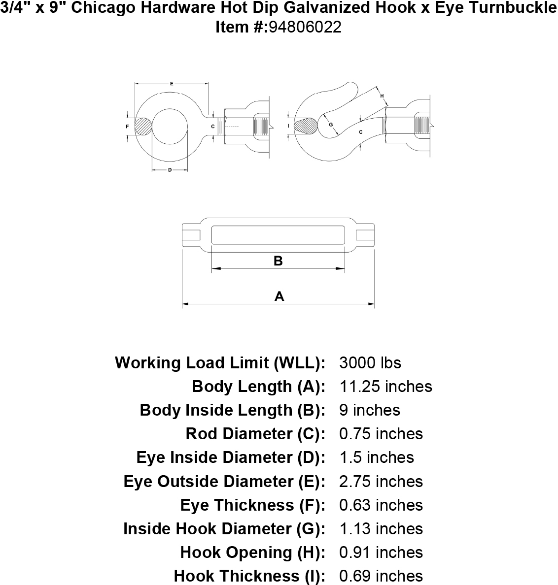 3/4 x 9 Hot Dip Galvanized Hook x Eye Turnbuckle X737049