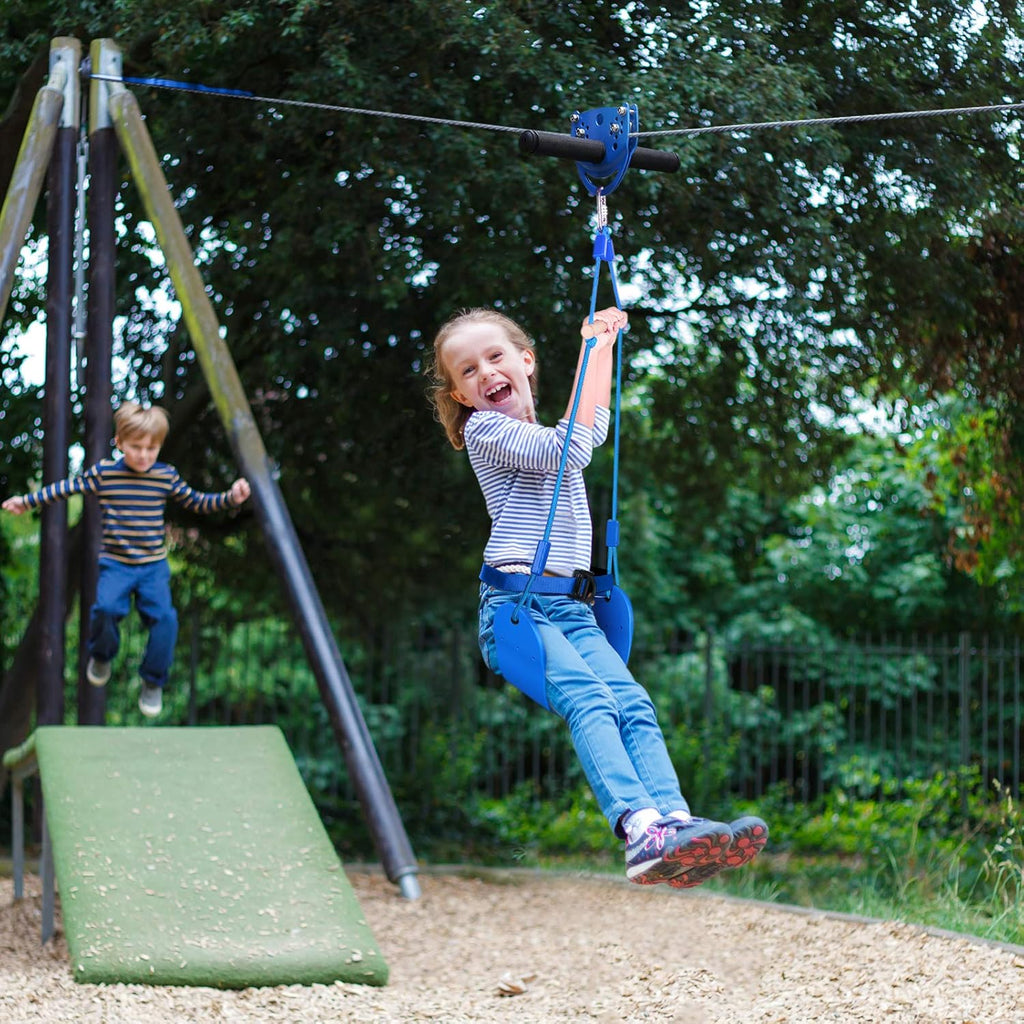 Swing Seat Zipline Kit with Stainless Steel Spring Brake, 120FT Main Cable, 9.8FT Sling Cable, Trolley with Handle, Safety Harness K671