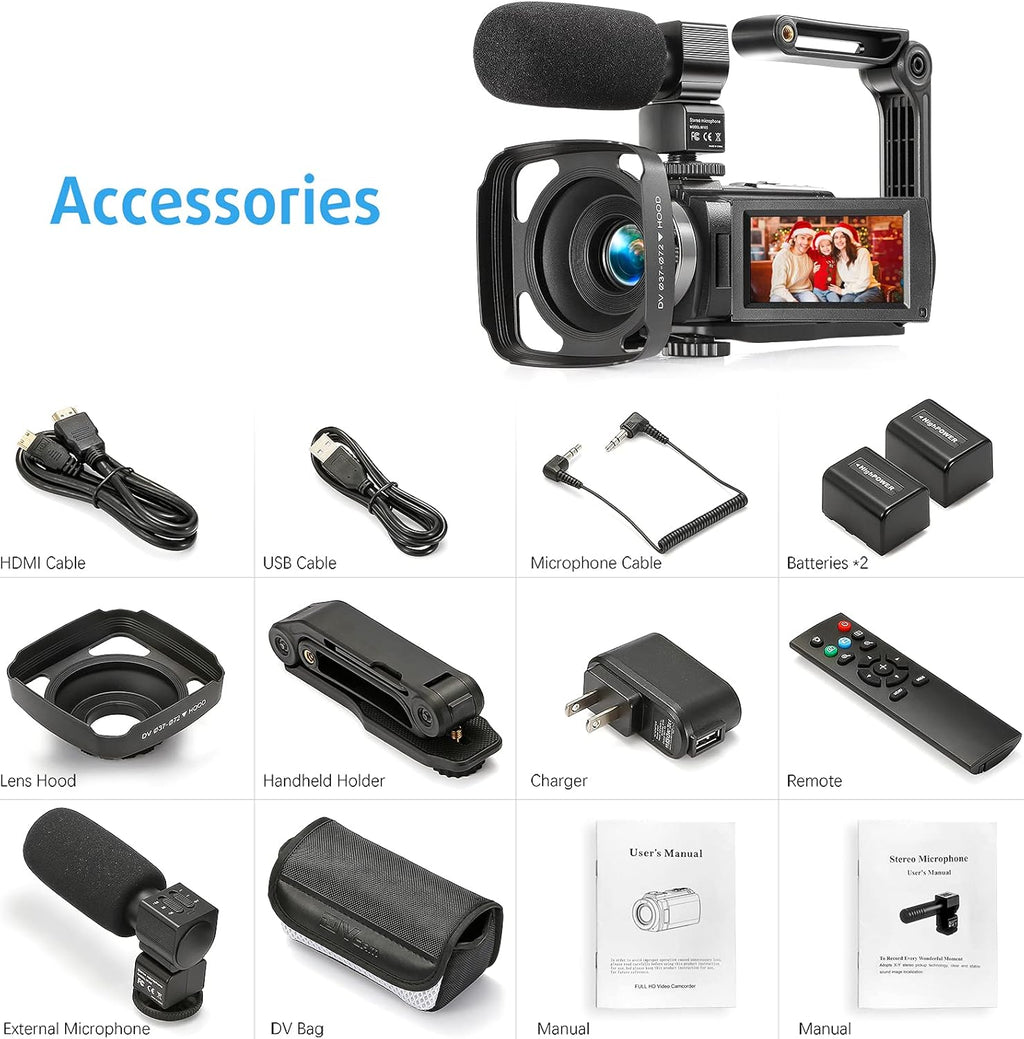 Camcorder 1080P Video Camera 36MP 3.0 Inch IPS Touch Screen IR Night Vision 16X Digital Zoom with External Microphone Handheld Stabilizer Remote Control U6759