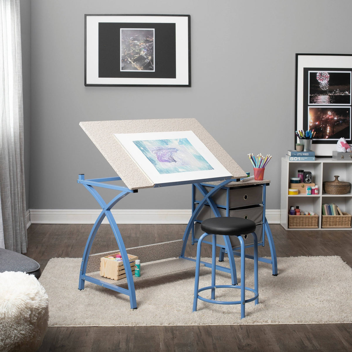 Black and White Drawing Table with Stool Q2578