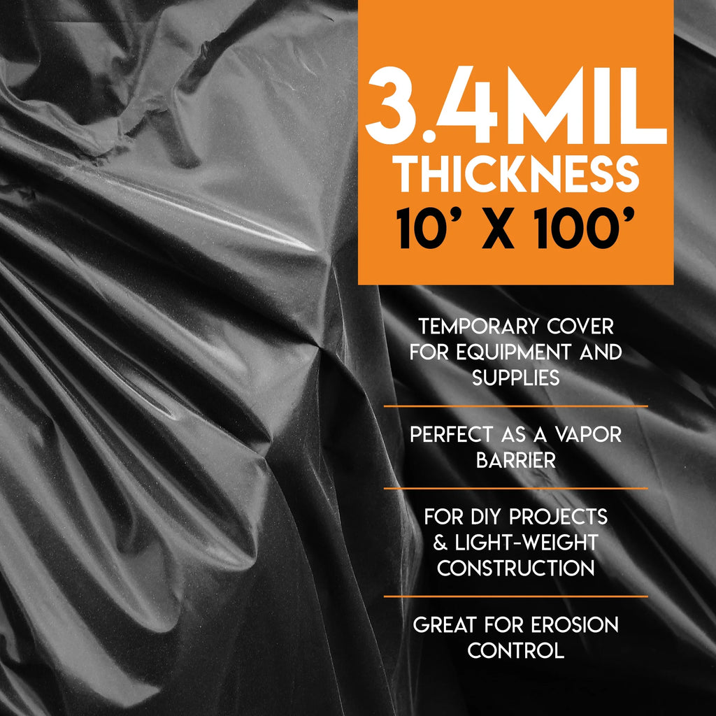 Black Poly Sheeting 10 x 100 Feet Heavy Duty 3.4 Mil Thick Plastic Tarp Waterproof Cover I8997