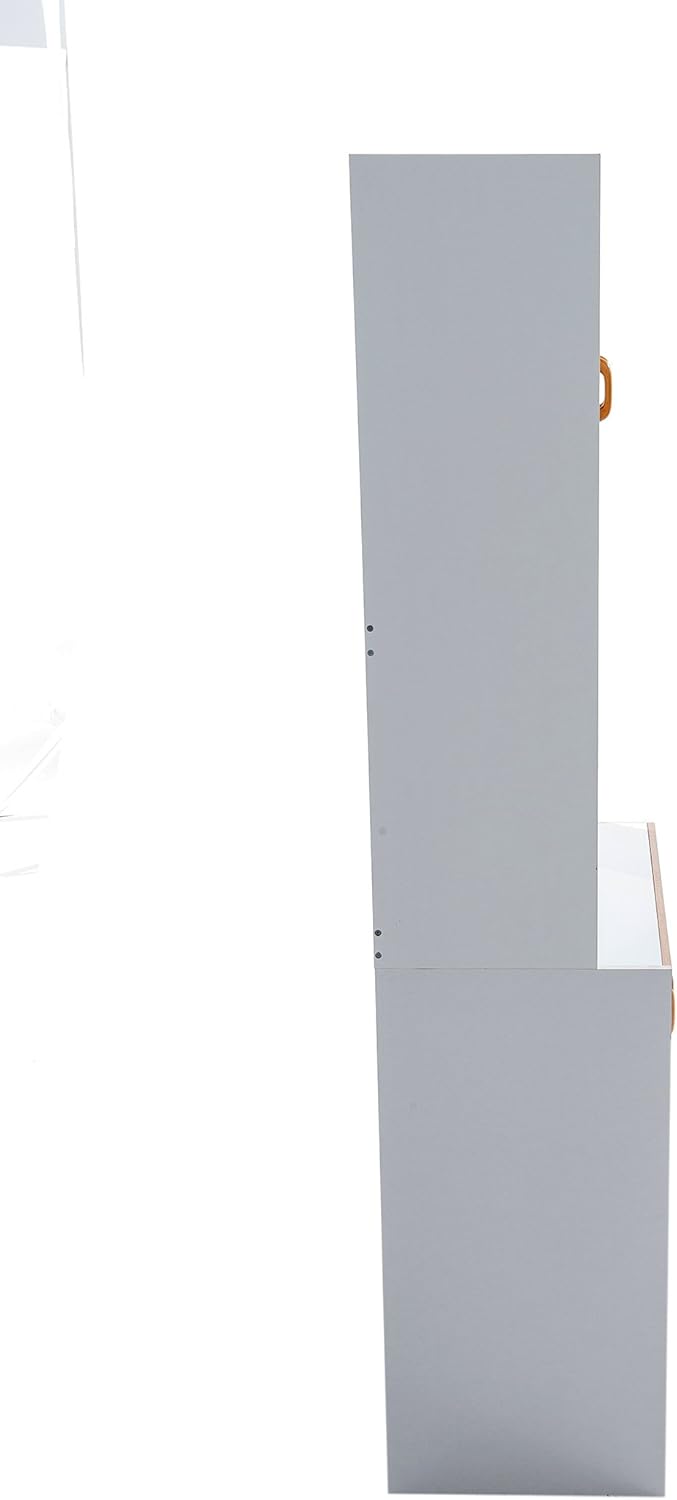 White Tall Kitchen Microwave Cart with Cabinets and Glass Doors J893979