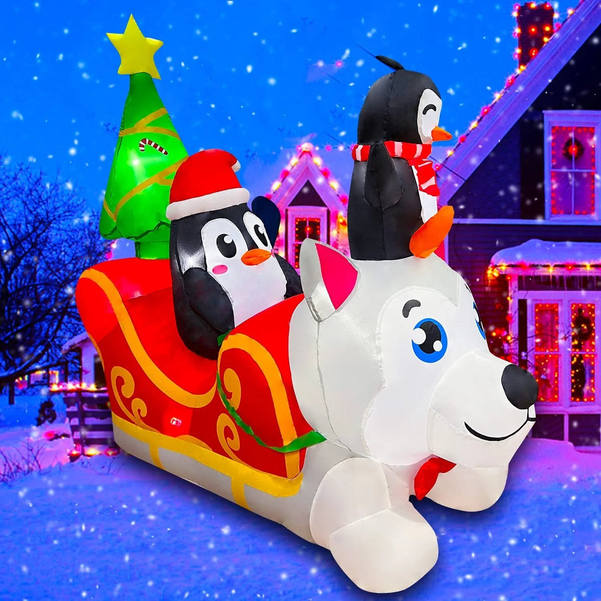 Inflatable Christmas Dog Sledding Decoration with Penguin and Christmas Tree, 5FT Y841