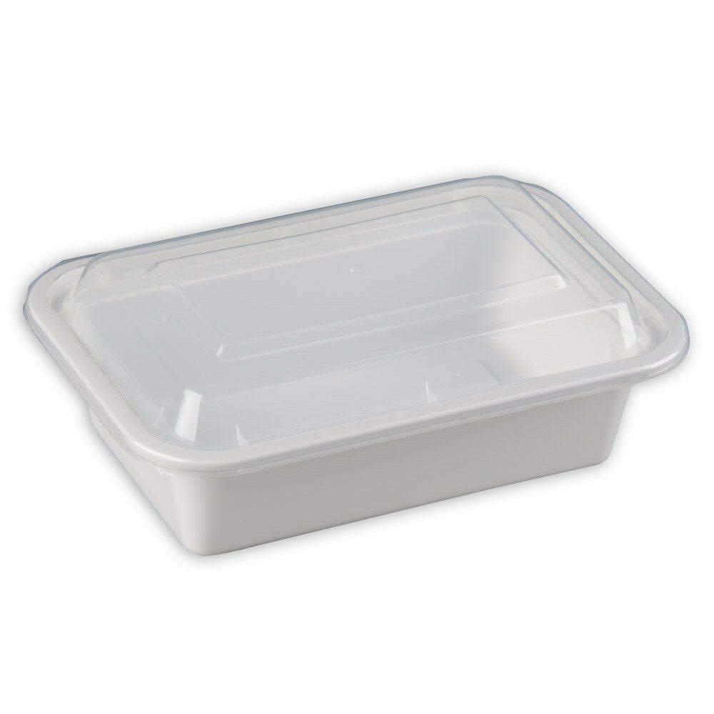 24 oz White Rectangular Microwavable Plastic Container with Clear Lid (Case of 100) K869