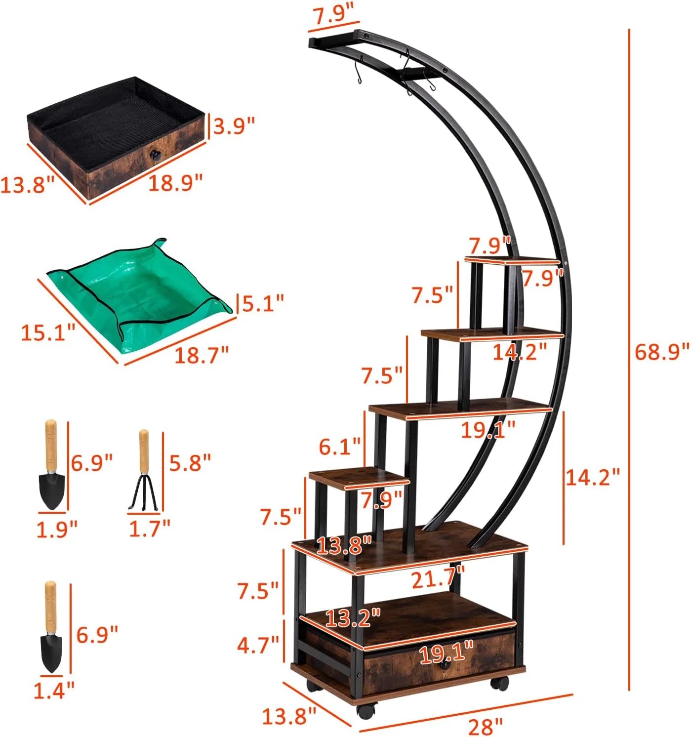 7-Tier Half Moon Plant Stand with Lockable Wheels, 71" Tall Plant Shelf with Drawer, 2 pieces Q191
