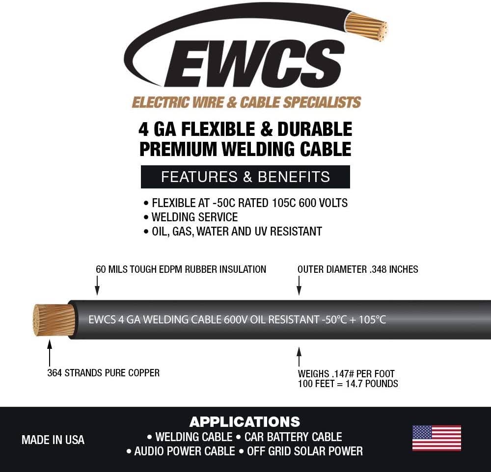 4 Gauge Extra Flexible Welding Cable 600 Volt Black 50 Feet T7061