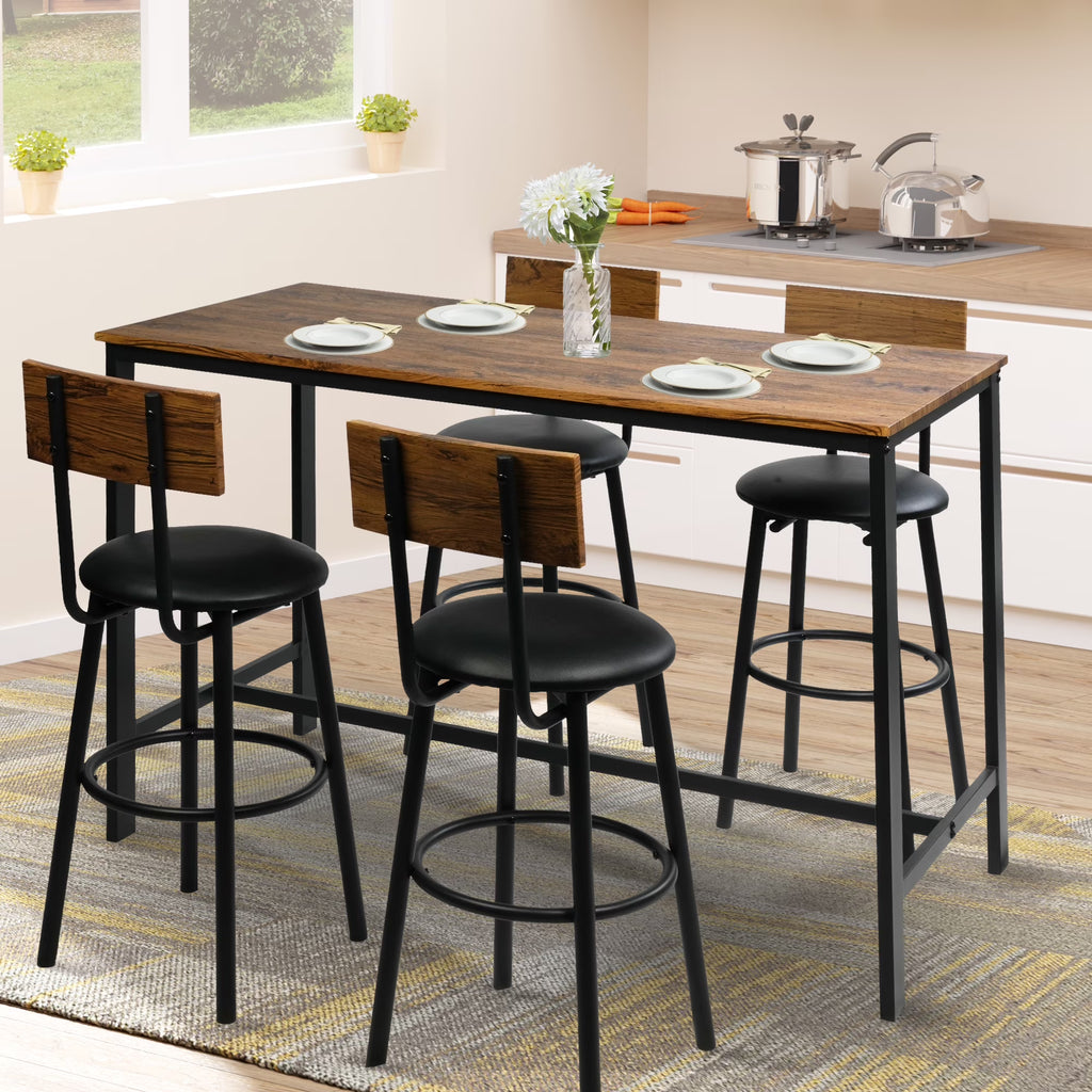 Rustic Brown PU Upholstered Bar Table Set of 4 with 4 Stools D57192