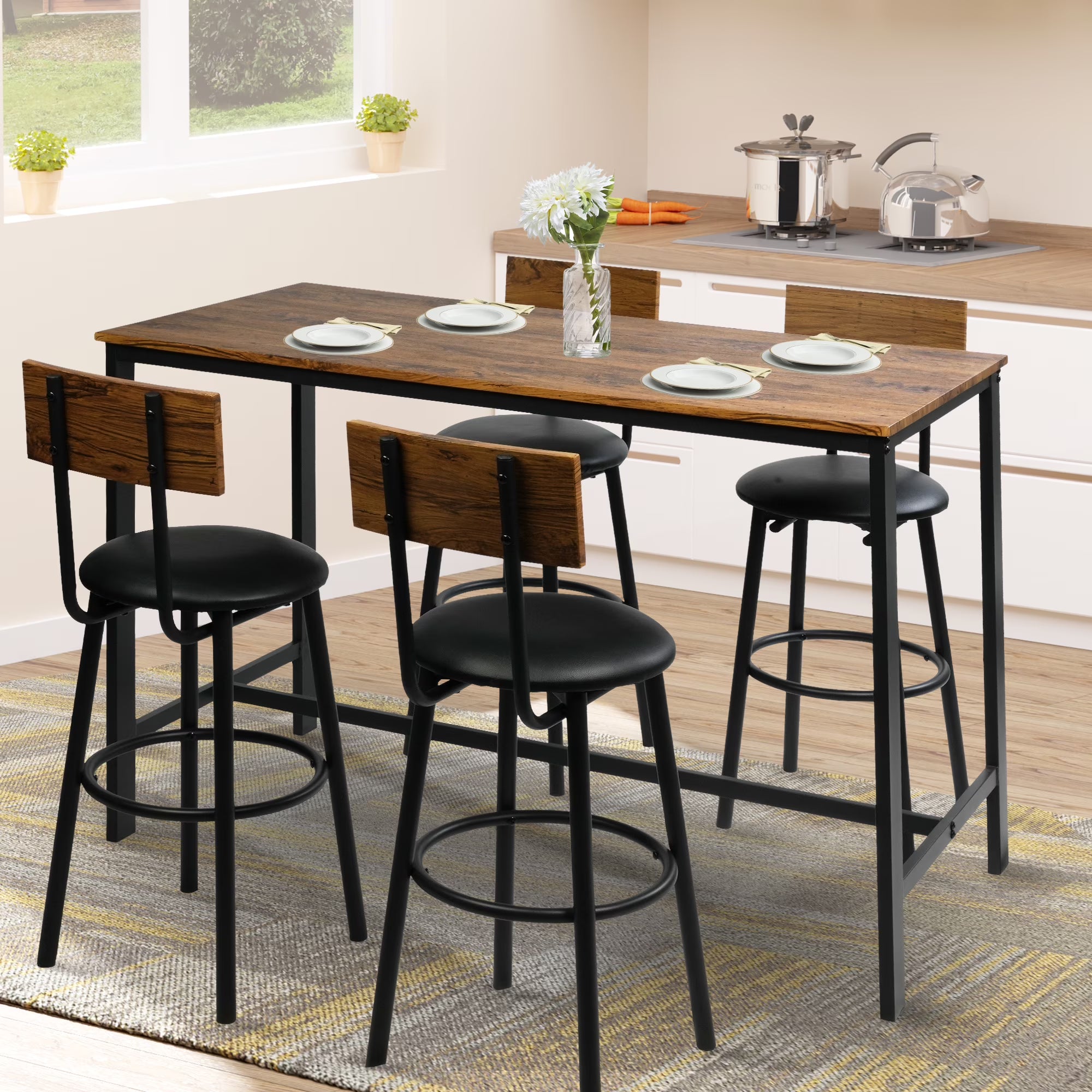 Rustic Brown PU Upholstered Bar Table Set of 4 with 4 Stools D57192