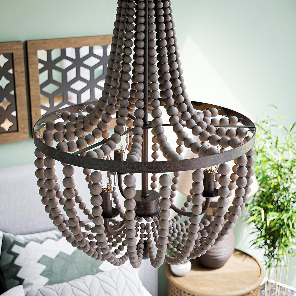 Wood Bead Chandelier, 28 Inch Height, 16 Inch Diameter, Golden Bronze Finish H324