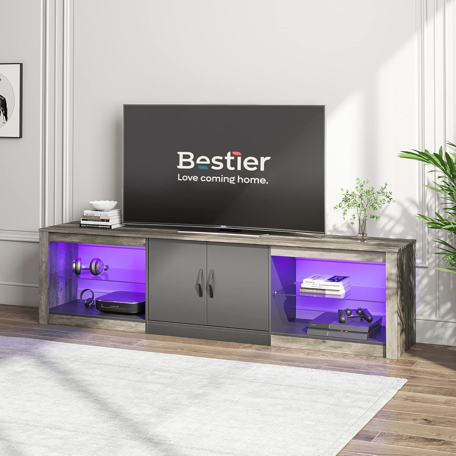 TV Stand with Storage Cabinets and Glass Shelf D530095