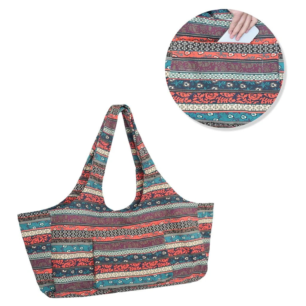 Patterned Canvas Yoga Mat Tote Bag Carrier with Side Pocket U6063