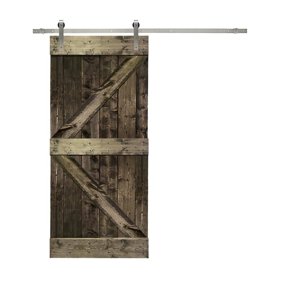 Solid Espresso Stained Knotty Pine Wood Interior Sliding Barn Door with Hardware Kit K77227