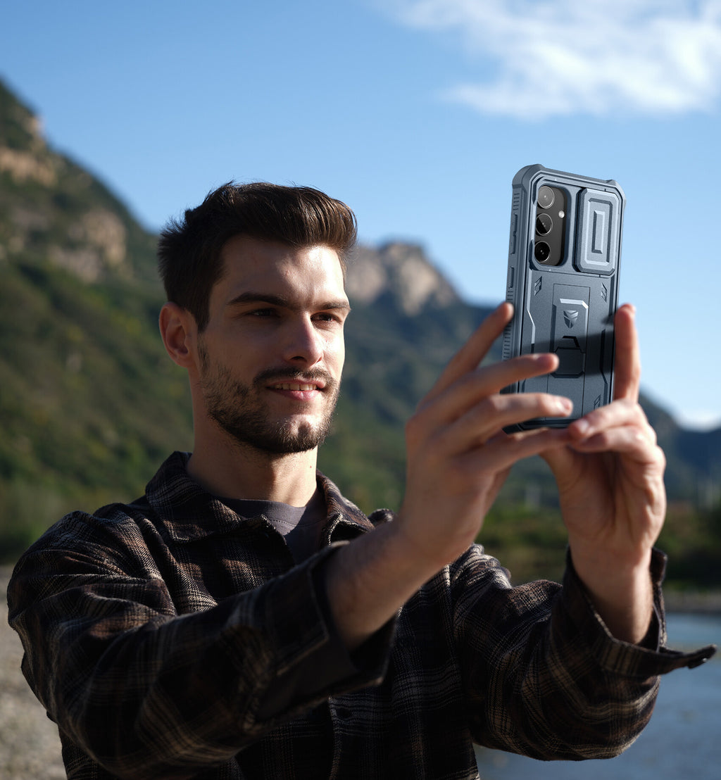 Blue Heavy-Duty Shockproof Rugged Case with Slide Camera Cover, Screen Protector & Kickstand O666