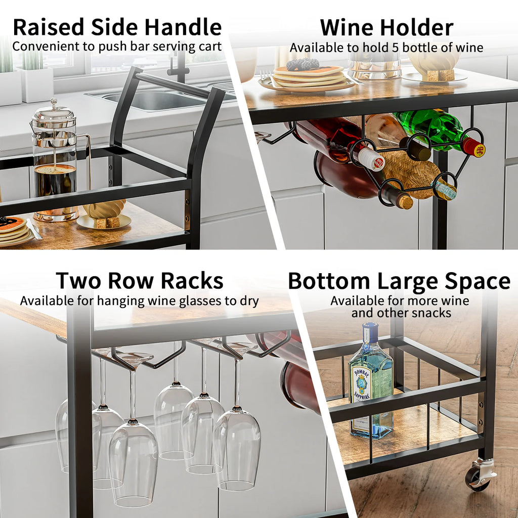 Black Industrial Mobile Bar Cart with Wine Rack and Wood Storage Shelves O750