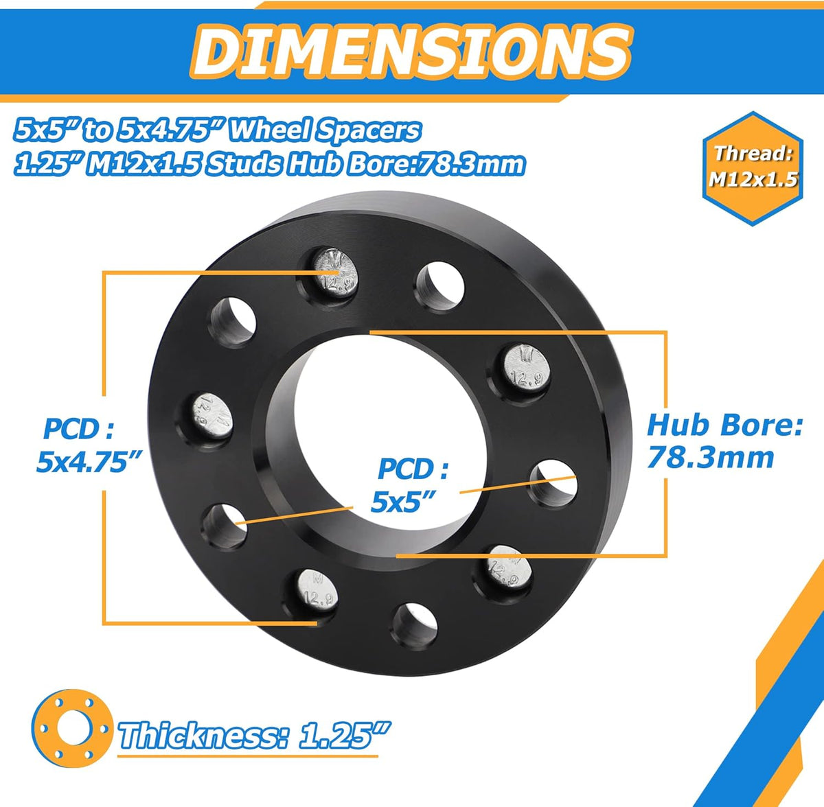 5x5 to 5x4.75 Wheel Adapters, 1.25 inch, 78.3mm Hub Bore, 12x1.5 Thread Pitch O401167