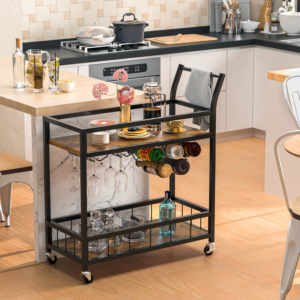Black Industrial Mobile Bar Cart with Wine Rack and Wood Storage Shelves O750