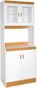 White Tall Kitchen Microwave Cart with Cabinets and Glass Doors J893979