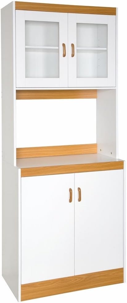 White Tall Kitchen Microwave Cart with Cabinets and Glass Doors J893979