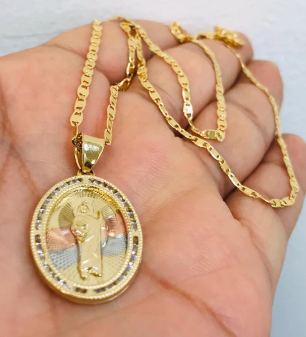 14K Gold Filled San Judas Necklace Tri-Color with CZ Stones 20" 28x20mm A161