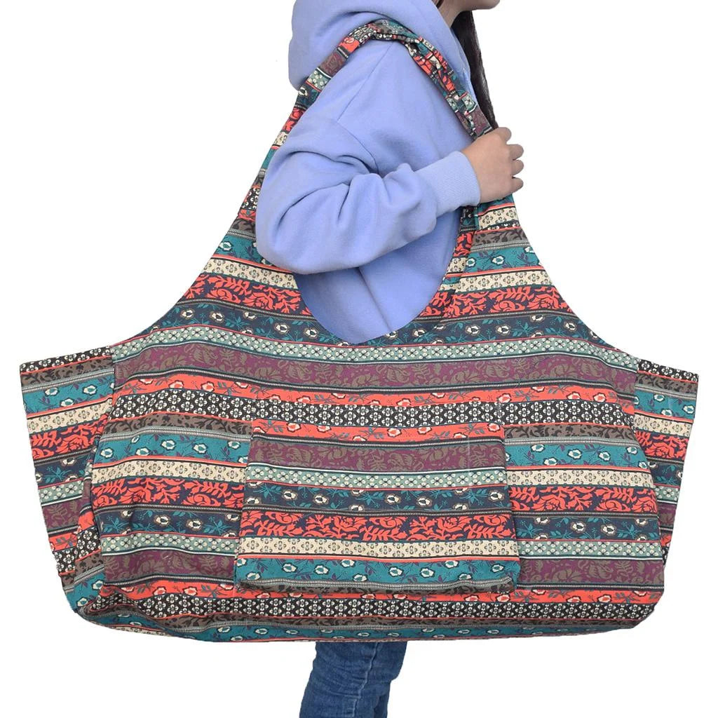 Patterned Canvas Yoga Mat Tote Bag Carrier with Side Pocket U6063