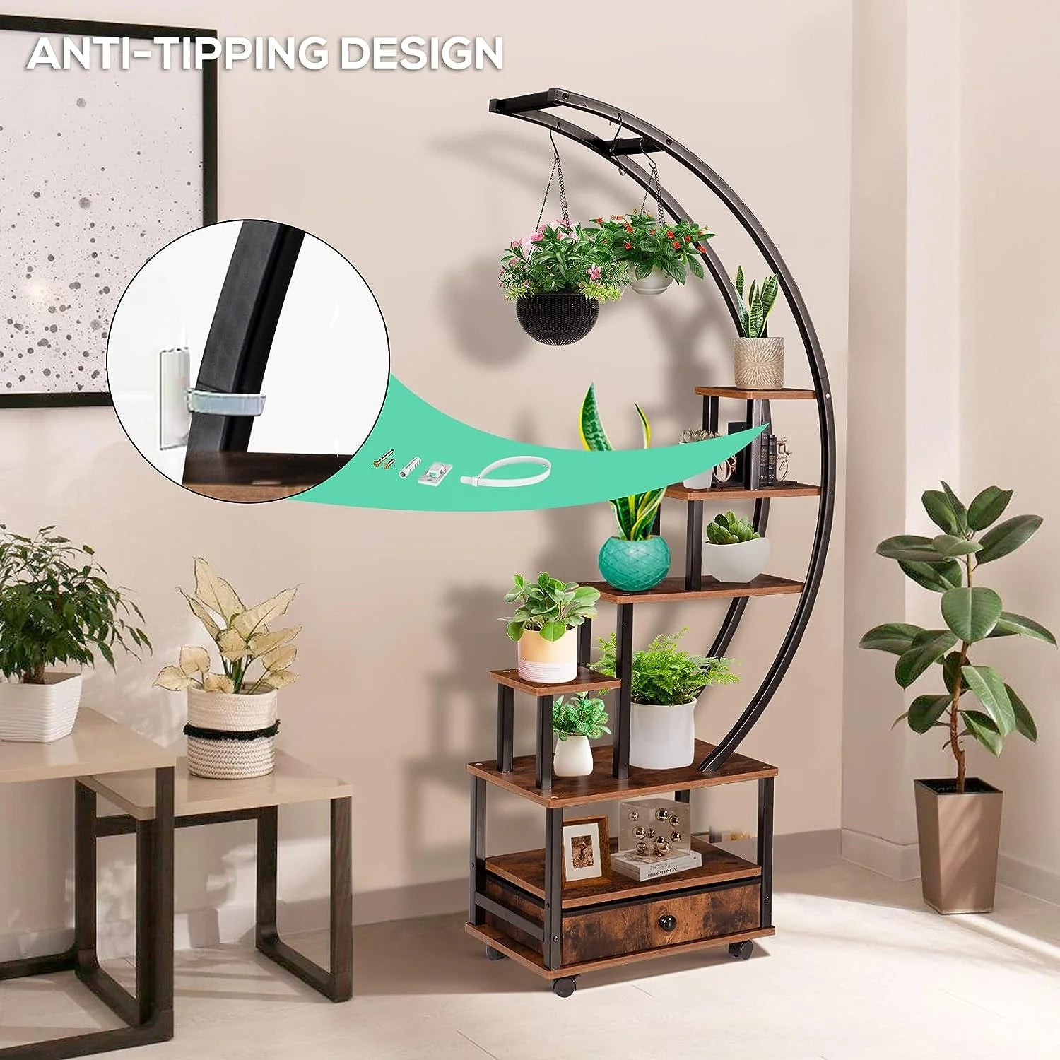7-Tier Half Moon Plant Stand with Lockable Wheels, 71" Tall Plant Shelf with Drawer, 2 pieces Q191