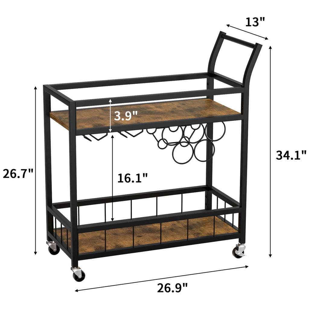 Black Industrial Mobile Bar Cart with Wine Rack and Wood Storage Shelves O750