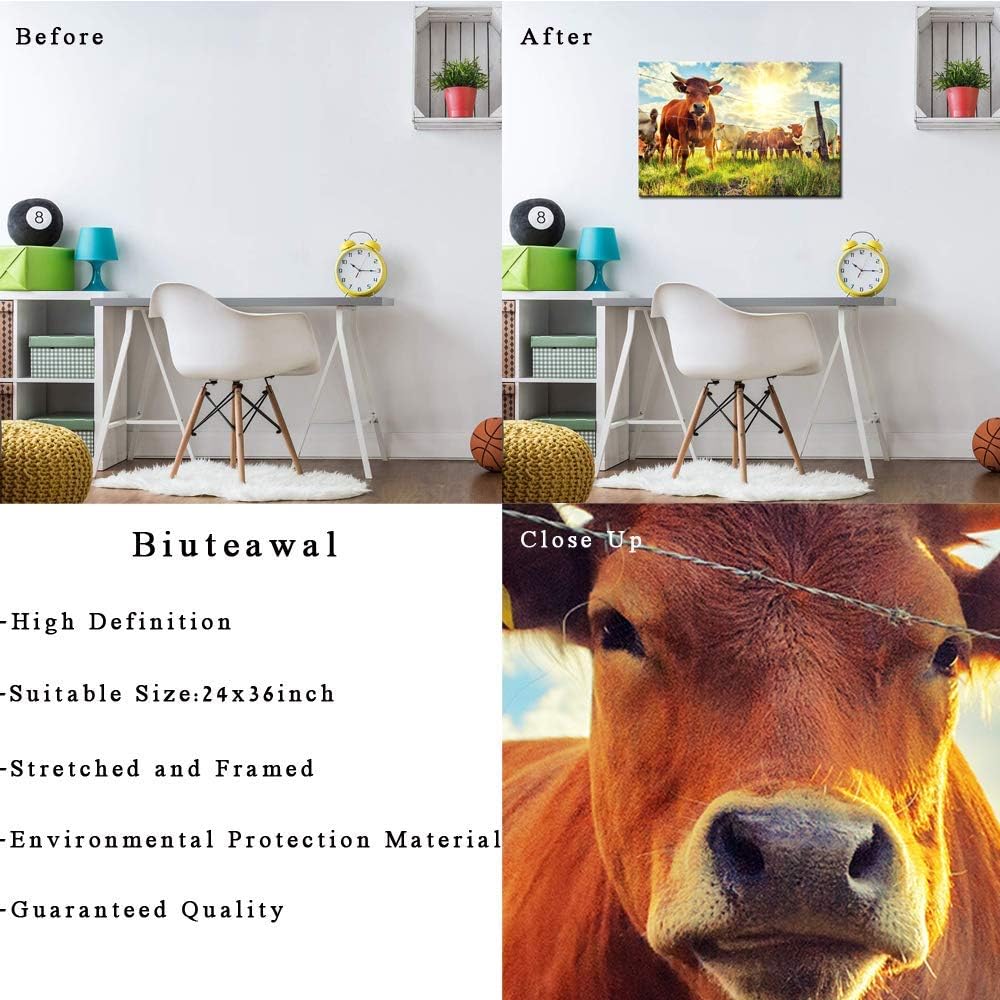 Cow Canvas Wall Art Cattle in Sunrise Farm Painting Prints Animal Picture Contemporary Artwork Ready to Hang T3668