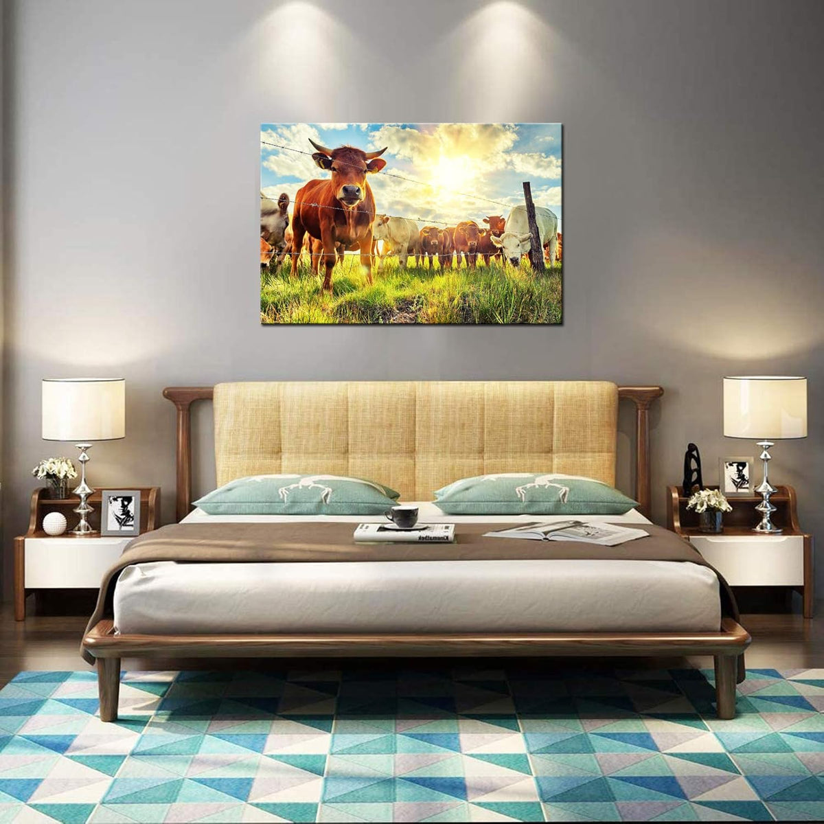 Cow Canvas Wall Art Cattle in Sunrise Farm Painting Prints Animal Picture Contemporary Artwork Ready to Hang T3668