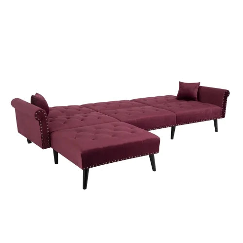 Convertible Sectional Sofa Bed, Velvet L-Shaped 3-Seat Couch Sleeper W411392