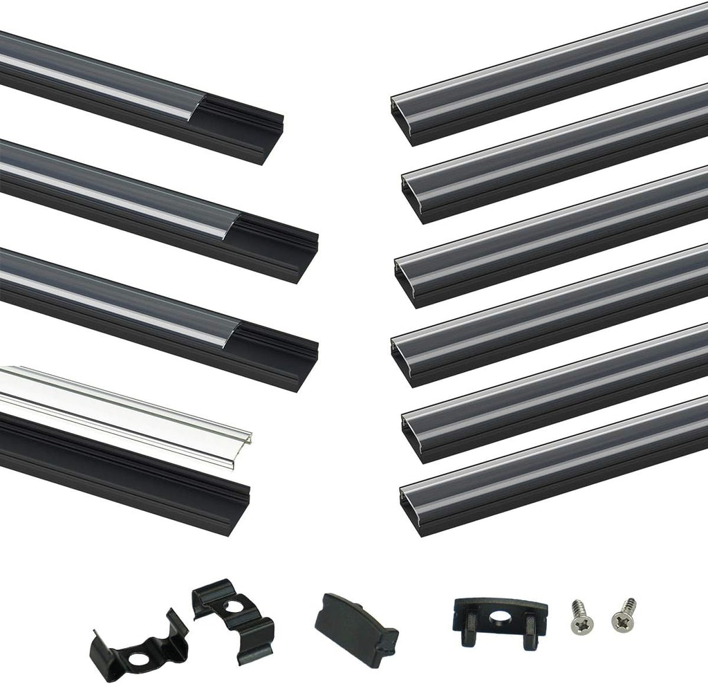 10Pack 3.3FT Black LED Channel System with Clear Cover Lens Aluminum Extrusion Track Housing Profile U Shape L3649