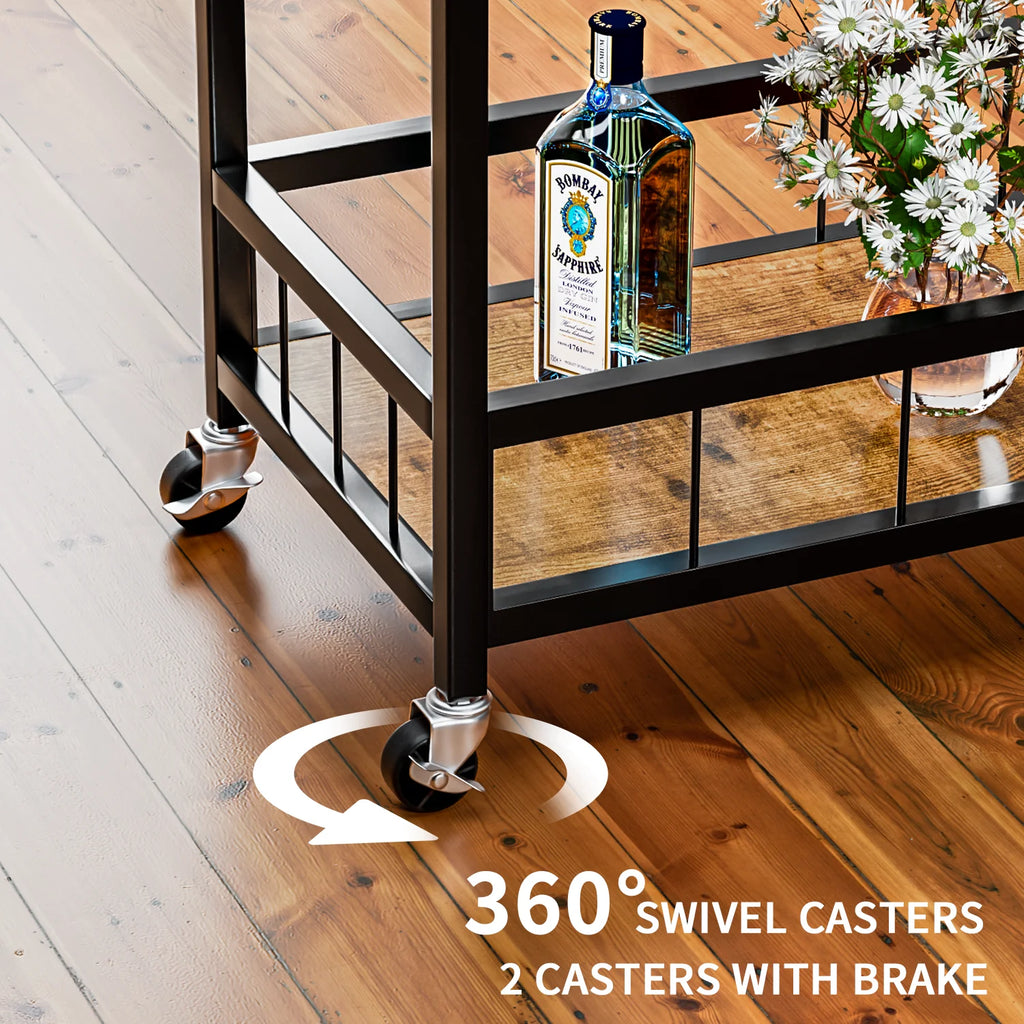 Black Industrial Mobile Bar Cart with Wine Rack and Wood Storage Shelves O750