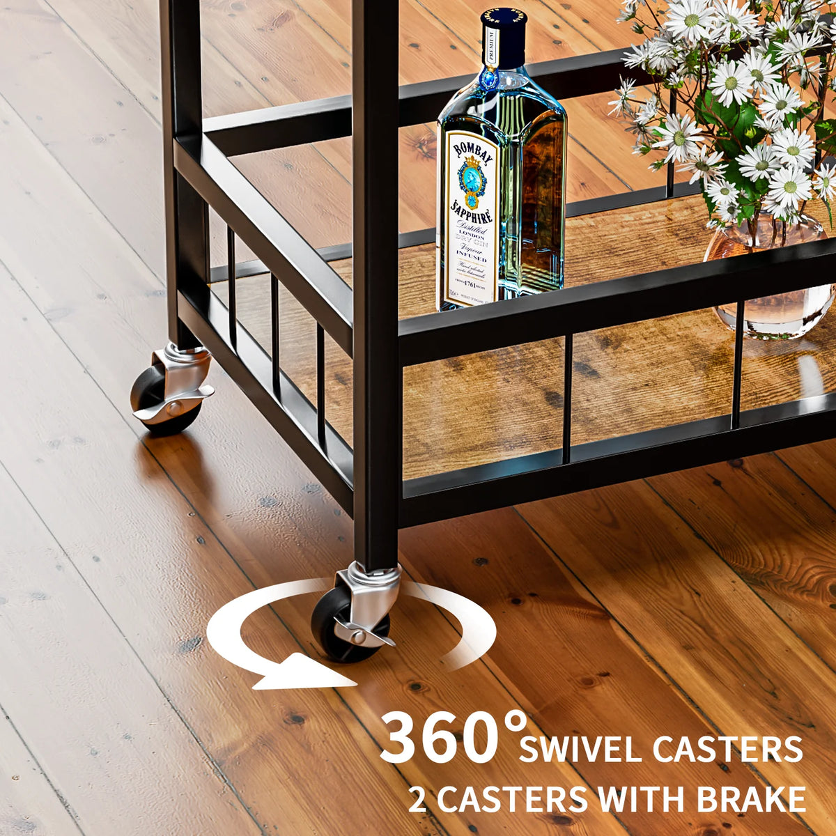 Black Industrial Mobile Bar Cart with Wine Rack and Wood Storage Shelves O750